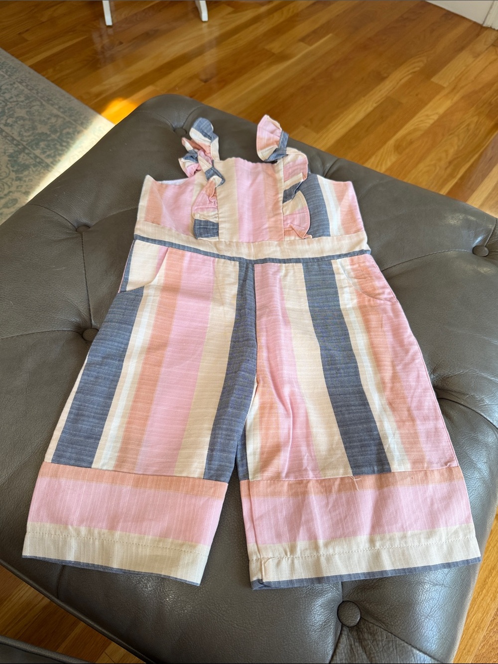 Girls Pink Stripe Ruffle-Strap Jumpsuit